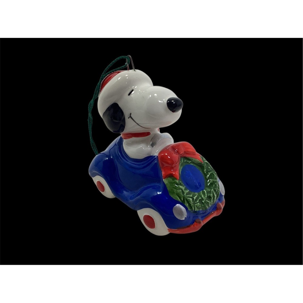 Vintage Snoopy Peanuts Christmas Ornament Ceramic Blue Car Santa Hat 1958 1966